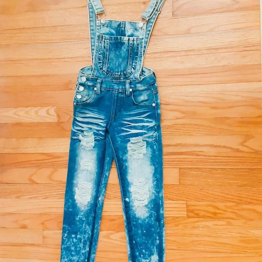 Girl's Acid Washed Denim Overalls Size 7 Distressed Jeans with Pockets